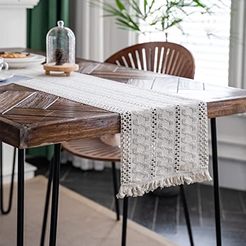 Alynsehom Macrame Table Runner Cream Beige Boho Table Runners with Tassels Hand Woven Cotton Table Runner Rustic Farmhouse Table Runners for Bohemian Kitchen Dining Table(12x108in) — view 2
