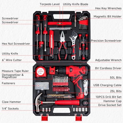 Tool Set - 8V Cordless Drill Set, 132 Piece Home Tool Set With Hand Drill, Tool Kit for Women & Men, Perfect for Homeowner, Diyer, Handyman — view 5