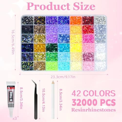 42 Colors 32000Pcs Jelly Rhinestones Bedazzling Kit, 3mm Multicolor Flatback Gems for Crafting, Bedazzle Kit with Tweezers Pen 3Pcs B7000 Glue for Clothes Book Shoes Nails Art Makeup