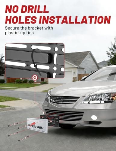 RED WOLF Front License Plate Holder No Drill Holes Frame Mounting, License Plate Tag Bracket with Zip Ties Anti-Theft Screws Installing Kit, Universal for Cars Trucks SUV Front Rear Bumper Frame