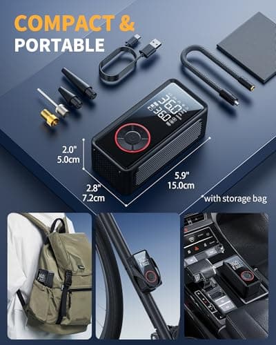 Powools Tire Inflator Portable Air Compressor - 3X Faster Inflation Air Pump with LED Light, Auto Shut-Off Tire Pump with 4 Nozzles for Car, Motorcycle, Bicycle, Ball, Black, 5.9" x 2.8" x 2.0" — view 4