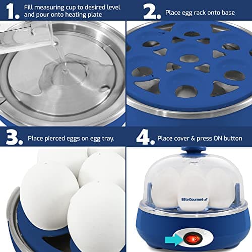 Elite Gourmet EGC322CBL Easy Egg Cooker Electric 7-Egg Capacity, Soft, Medium, Hard-Boiled Egg Cooker with Auto Shut-Off, Measuring Cup Included, BPA Free, Classic Blue — view 4
