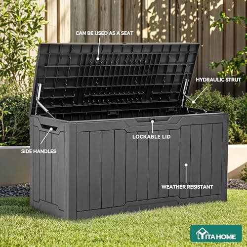 YITAHOME 80 Gallon Deck Box Outdoor Storage Box, Waterproof Resin Package Delivery and Storage Box with Lockable Lid for Patio Furniture Cushions, Pool Accessories, Garden Tools, Dark Gray — view 2