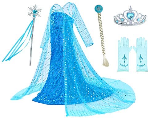 Luxury Princess Dress for Girls Costumes Birthday Party with Shining Long Cap Blue 5T