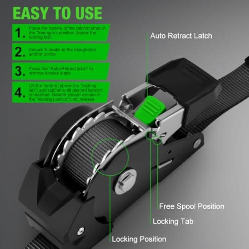 Retractable Ratchet Straps (4-Pack) - 1 Inch x 10 Feet (1,650lb Break Strength) - Heavy Duty Auto Self Retracting Tie Down Straps for Motorcycle, ATV, UTV, Truck, Cargo Trailer - Black — view 6