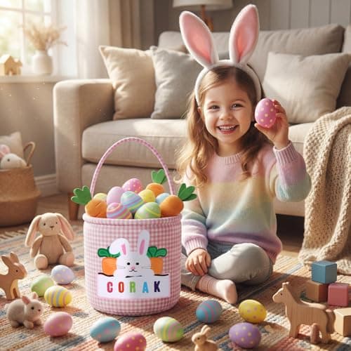 OXYEFEI Easter Baskets for Kids,Pink Embroidered Reusable Empty Bunny Egg Personalized Easter Basket with Bracelet for Party Gifts (Pink) — view 2