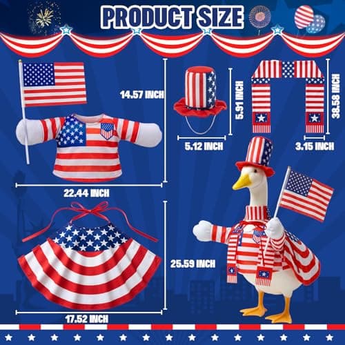 Mastom 4th of July Porch Goose Outfit for 23 Inch Goose Statue, Patriotic Red White Blue Goose Clothes with Flag for Outdoor Garden Patio Decor, USA 250th Anniversary Merchandise