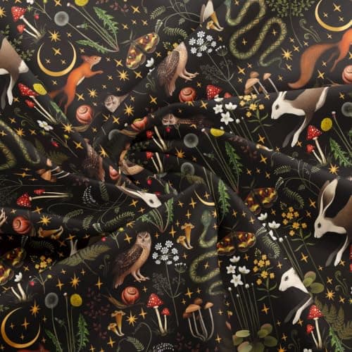 Castle Fairy Cartoon Mushroom Fabric by The Yard Cute Rabbit Owl Wild Animals for Kids Sewing Lovers Glitter Moon Stars Rustic Jungle Style Room Decor and DIY Upholstery 1 Black — view 4