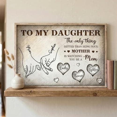 Personalized To My Daughter Wooden Wall Art from Mom – Custom Canvas Holding Hands Plaque with Kids Names, Meaningful Mother’s Day Birthday Gift for Daughter from Mom Style 1 — view 4