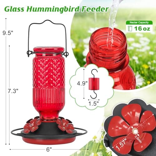 FEED GARDEN Glass Hummingbird Feeder for Outdoors Hanging, 16 oz Leak-Proof Nectar Feeder with Bee Guards & Ant Moat, 4 Metal Flower Feeding Ports, 360° Perch Ring, Easy Refill & Clean, Red
