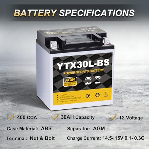 Daakmax YTX30L-BS Motorcycle Battery 12V 30Ah 400CCA, Maintenance Free Sealed AGM Powersport Battery, Replacement for ATV UTV Harley, YTX30L-BS / ETX30LA / YIX30L — view 2