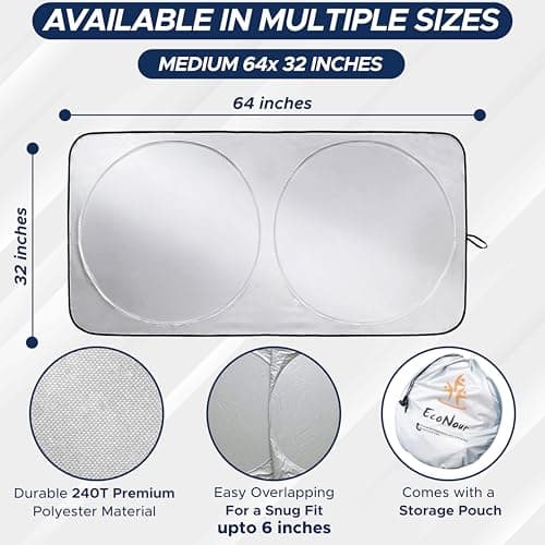 EcoNour Car Windshield Sunshade | Blocks 99% Heat & Keeps Interior Cool | Universal Fits Cars, SUVs, Trucks | Automotive Sun Screen, Visor & Car Accessories for Summer | Medium (64x32 Inches) — view 4