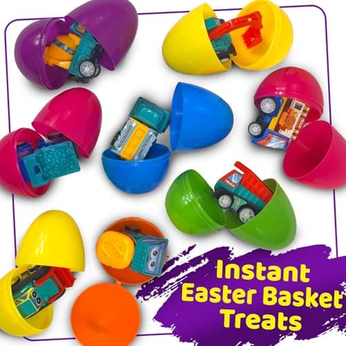 stargo 8 Pack Colorful Prefilled Easter Eggs Bulk with Toys - Mini Car Set Construction Engineering Vehicles Pull-Back Cars. Plastic Easter Eggs Filled, Basket Fillers, Party Favors, Boys Goodie Bags — view 5