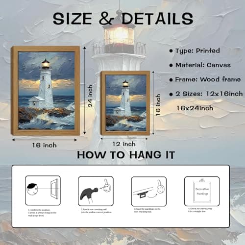 Blue Ocean Island Lighthouse Wall Art, Coastal Waves Textured Canvas Prints Poster Wall Decor Gifts, Preppy Style Home Decor for Bedroom Living Room or Office 16x12inch Wood Framed — view 2
