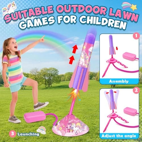Notique 3 4 5 6 7 Year Old Girl Gifts, Unicorn Rocket Outdoor Toys for Girls Rocket Launcher with 8 Air Rockets Kids Girls Toys Unicorn Easter Birthday Girls Gifts 3-9 Years — view 2