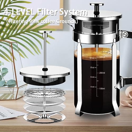 YMMIND French Press Coffee Maker 304 Stainless Steel Coffee Press,with 4 Filters System, Heat Resistant Thickness Borosilicate French Press Glass, BPA-Free Brewed Tea Pot Coffee Plunger(Copper 12oz) — view 6