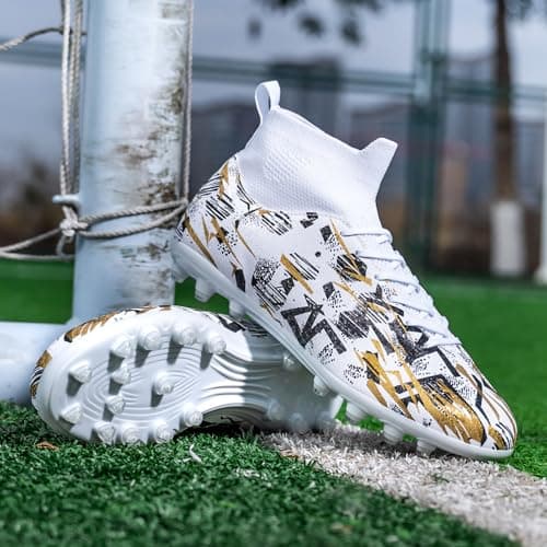 PMKZSES Kids Soccer Cleats High Top Football Cleats Boys Girls for Training White — view 2