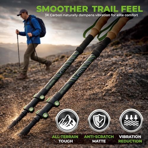 Trekology Walking Sticks for Seniors, Women & Men - Ultralight Carbon Fiber Hiking Poles (210g), Collapsible Lightweight Trekking Poles, Matte Finish with Cork Grip, 10-Piece Accessory Kit — view 2