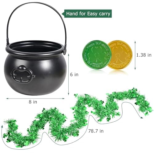 EnriQ 202 Pcs St Patrick's day 8" Black Cauldron Candy Kettle with 200 Lucky Coins for St Patty Decorations St. Patricks Day Party Favor — view 4