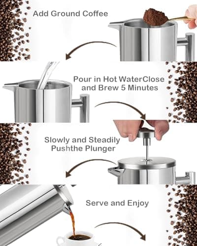 LRYYBTI French Press Coffee Maker, Stainless Steel Coffee Press with scale lines (Silver, 17 OZ) — view 5