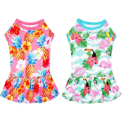JpGdn 2PCS/Pack Hawaiian Dog Dresses Pink Green for Small Dogs Girl Female Puppies Doggies Kittens Skirts Summer Sundress Pet Apparel Pineapple Toucan Flamingo Soft for Holiday Party Beach S