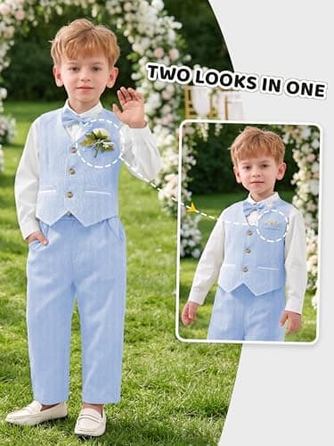 Volunboy Baby Boy Formal Prom Striped Pants Set Seersucker Wedding Guest Ring Bearer Outfits Gentleman Dress Shirt Summer Beach Bowtie Vest Suits (Skyblue, 2-3T) — view 5