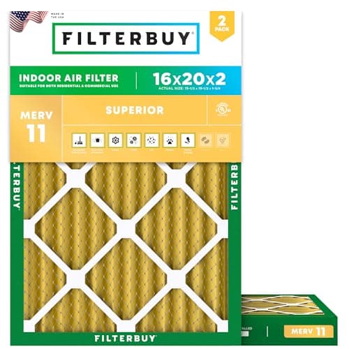 Filterbuy 16x20x2 Air Filter MERV 11 Superior Pet & Allergy Defense (2-Pack), Electrostatic Pleated HVAC AC Furnace Filters Replacement, Made in USA (Actual Size: 15.50 x 19.50 x 1.75)