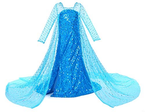 Luxury Princess Dress for Girls Costumes Birthday Party with Shining Long Cap Blue 5T