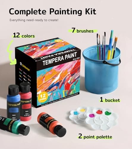 Washable Paint for Kids 12 Colors, Non-Toxic, Safe & Washable for Toddlers, Tempera Paint with Brushes, Palette & Bucket, School Project Art Supplies — view 2