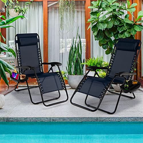 Goplus Zero Gravity Lounge Chairs, 160°Adjustable Folding Recliner w/Pillow and Cup Holder, 350LBS Comfy Outdoor Lounge Chairs for Patio, Lawn, Yard & Camp(Set of 2, Navy)