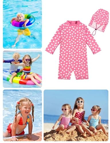 weVSwe Baby Girl Bathing Suit UPF 50+ All in One Sunsuit Swimwear Long Sleeve Toddler Girl Swimsuit with UV Hat Pink Heart 0-6 Months — view 5