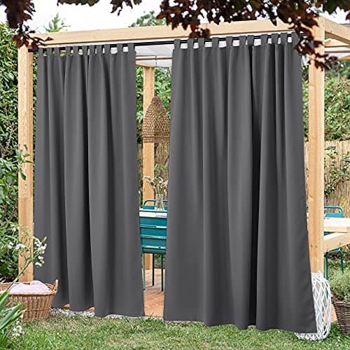 NICETOWN Patio Outdoor Curtains with Sticky Tab Top Waterproof - Light Block Vertical Drapes for Porch, Gazebo, Pergola Outdoor/Indoor Privacy Curtains 2 Panels, 84 x 84 inch, Grey