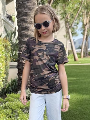 Arshiner Girls Toddler Shorts Sleeve Shirts Side Ruched Slim Fit Tops Round Neck Cute Camo Blouses for Kids 5-6 Years — view 4