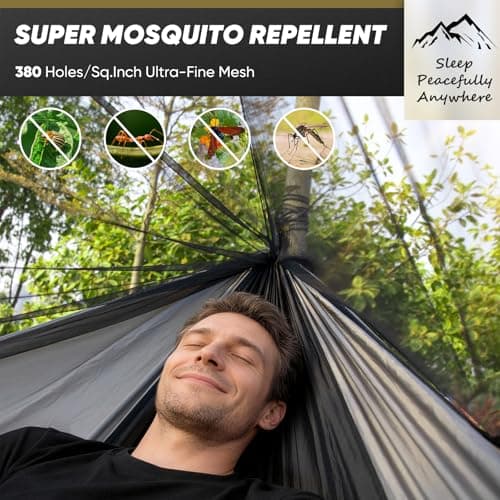 Camping Hammock with Mosquito Net, 500 lbs Portable Hammock with Tree Straps,2-in-1 Double/Single Travel hammocks Tent for Outside/Indoor/Backpacking/Beach-Black&Grey — view 2