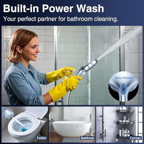 High Pressure 10-Mode Handheld Shower Head - Built in Power Wash for Clean, Replaceable Filter Soften Hard Water Remove Chlorine, 60 Inches Hose, Overhead Bracket, Anti-Clog Nozzle (Chrome) — view 2