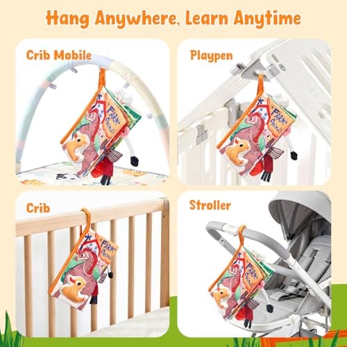 JoyCat Baby Books 0-6-12 Months - Farm Tail Tummy Time Toys - Sensory Touch & Feel Crinkle Cloth Book with Detachable Duck - Newborn Easter Basket Stuffers