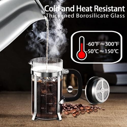 YMMIND French Press Coffee Maker 304 Stainless Steel Coffee Press,with 4 Filters System, Heat Resistant Thickness Borosilicate French Press Glass, BPA-Free Brewed Tea Pot Coffee Plunger(Copper 12oz) — view 2