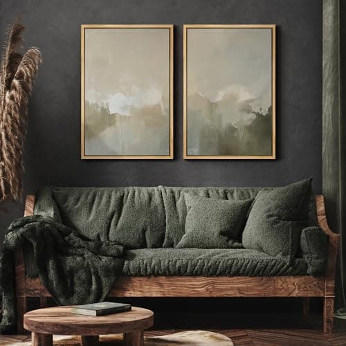 MUDECOR Framed Canvas Print Wall Art Set Neutral Misty Abstract Landscape Beige and Oliv Illustrations Modern Art Decorative Bohemian Calm/Zen for Living Room, Bedroom, Office - 24"x36"x2 Natural — view 3
