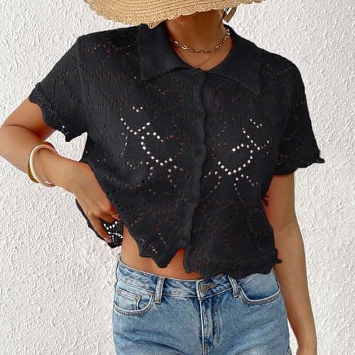 Women Crochet Knit Short Sleeve Tops Summer Lightweight Button Sweater Hollow Out Knitted Cropped Shirts(Black,Medium) — view 2