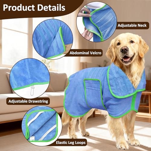 Soft Dog Bathrobe Fast Drying Dog Coat, Super Absorbent Dog Towels for After Bath, Microfiber Pet Robe Adjustable Collar & Belly Warm Keeping Dogs Coat for Pet Dogs & Cats (Blue, Medium) — view 2