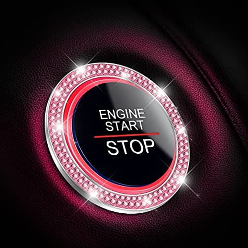 Car Bling Crystal Rhinestone Engine Start Ring Decals, 2 Pack Car Push Start Button Cover/Sticker, Key Ignition Knob Bling Ring, Sparkling Car Interior Accessories for Women (Pink)