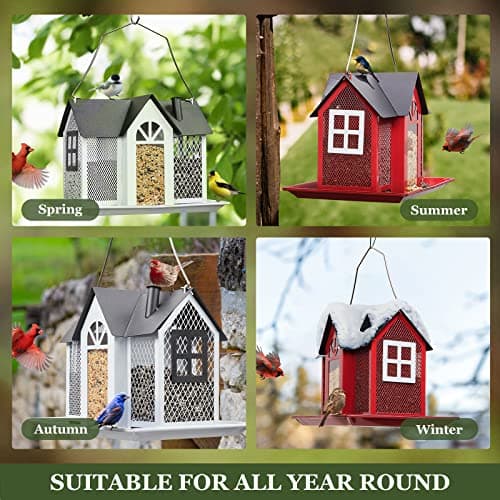 Kingsyard Bird Feeder House for Outside, Metal Mesh Wild Bird Feeder with Triple Feeders for Finch Cardinal Chickadee, Large Capacity, Weatherproof and Durable, Red — view 5