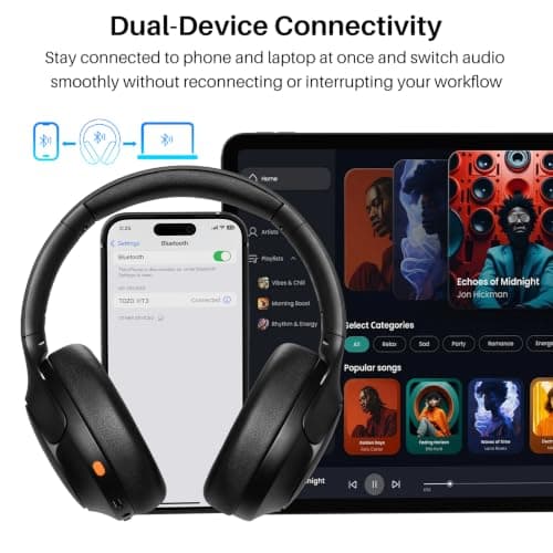 TOZO HT3 Hybrid Noise Cancelling Headphones, 90H Battery Life Wireless Over Ear Bluetooth 6.0 Foldable Headset, AI Voice Assistant with 5 Mics, Connect 2 Devices and Hi-Res Sound, 32 EQ Audio Presets — view 5