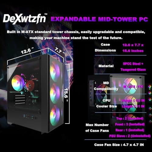 DeXwtzfn Gaming PC, i5 CPU Up to 3.6 GHz, Integrated Graphics Card, 256GB SSD, 8GB RAM, RGB Fansx4 for Desktop PC, WiFi 6 BT 5.3, Win11 (i5 CPU/8G/256GB) — view 4
