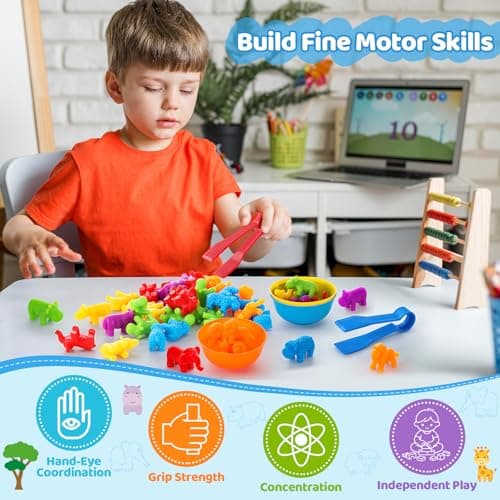 Counting Animals Matching Game for Toddlers, Montessori Sorting & Counting Toy with 36 Animal, 6 Sorting Bowls, 2 Tweezers and Storage Bucket, Fine Motor Preschool Learning Gift,Learning Activities — view 3