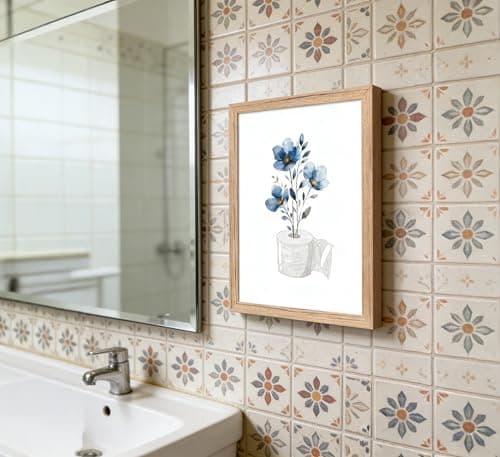 Framed bathroom Canvas Wall Art with blue flowers embellishing toilet paper Painting Picture Wall Decor elegant floral bathroom Poster Print Artwork forliving room bedroom restroom Home Decoration — view 3