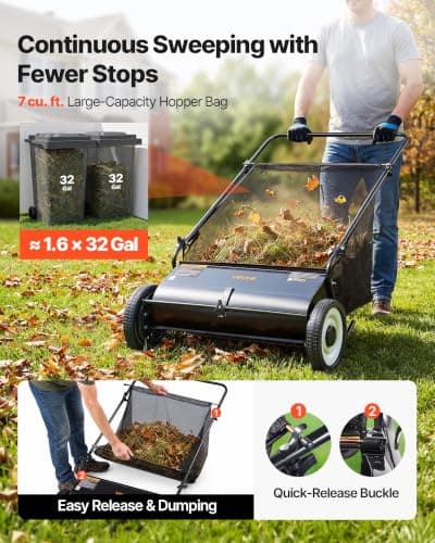 VEVOR Push Lawn Sweeper 26 Inch Leaf & Grass Collector Strong Rubber Wheels — view 4