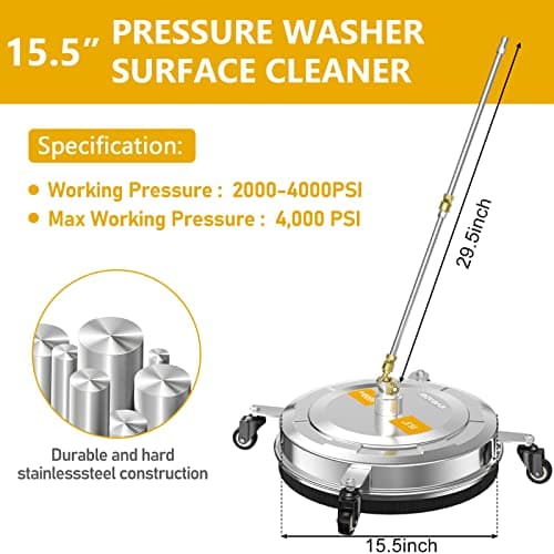 EVEAGE 15.5" Pressure Washer Surface Cleaner, Power Washer Surface Cleaner with 4 Wheels, Stainless Steel Housing Power Washer Accessories with 2 Extension Wand, 2 Replacement Nozzles, 4000 PSI