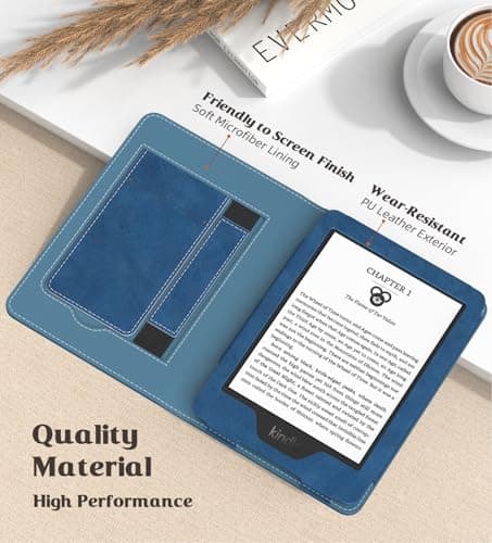 MoKo Case for All-new 6" Kindle(11th Generation, 2024/2022 Release)/(10th Gen,2019)/Kindle(8th Gen, 2016), Ultra Lightweight PU Shell Cover with Auto Wake/Sleep for Kindle 2024, Blue Vintage Twill — view 3