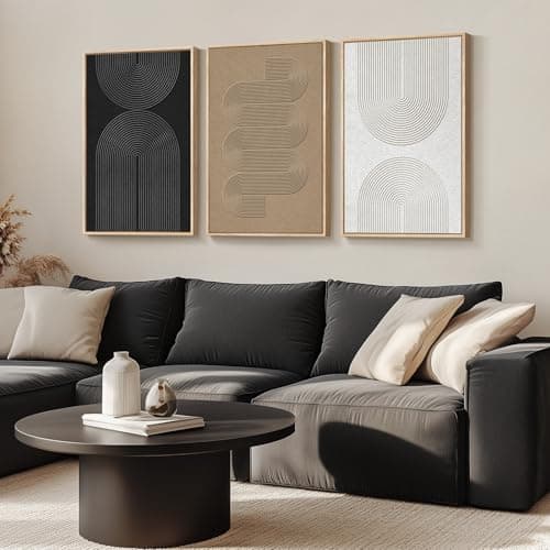 Large Framed Boho Modern Neutral Abstract Wall Art for Living Room, 3 Piece Black and White Canvas Prints Paintings Artwork for Walls, Geometric Pictures for Office Bedroom Dining Room Decor, 24x36 In